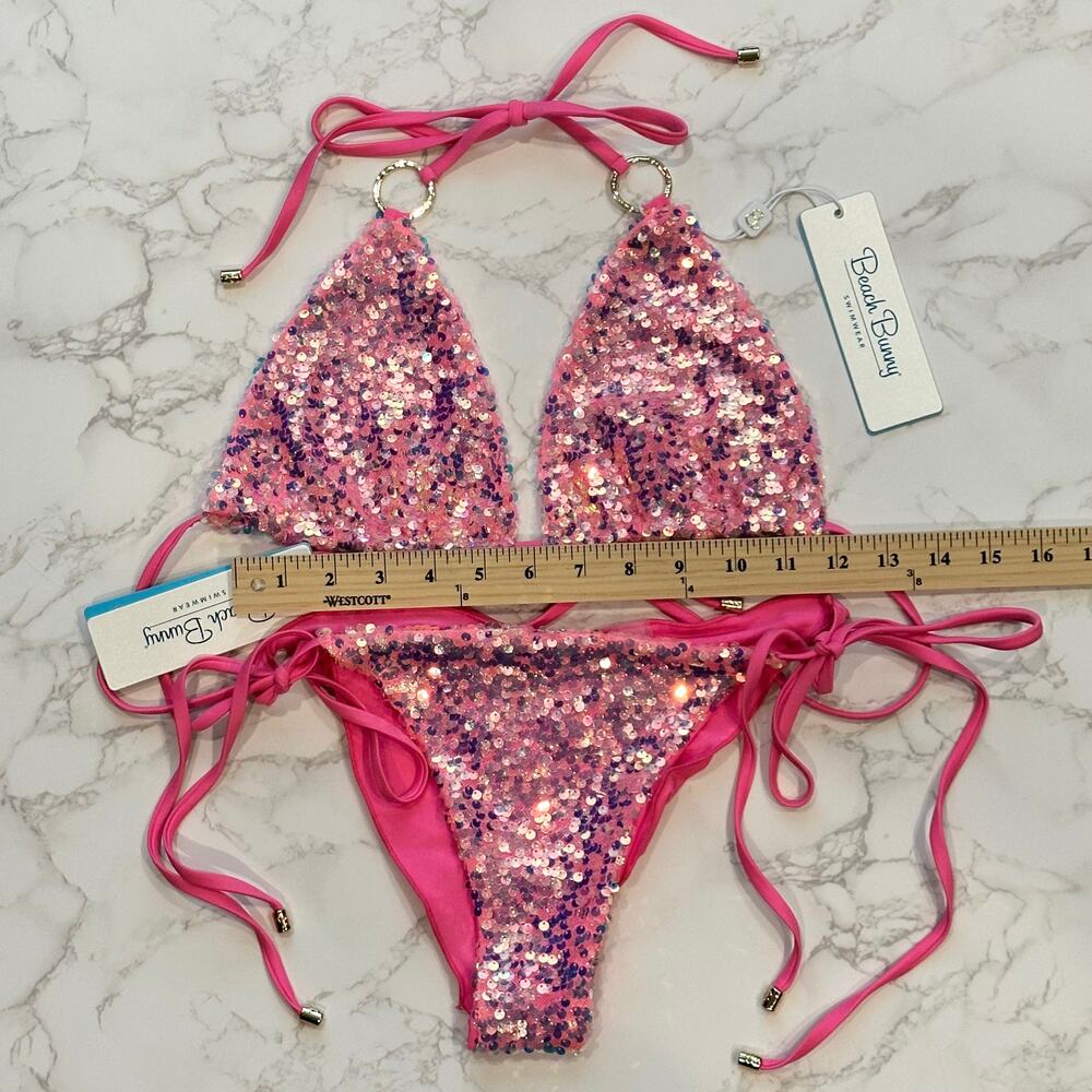 Beach Bunny Pink Icon DD Triangle Top & L Icon Tie Side Skimpy Bottom $250 - Picture 12 of 14